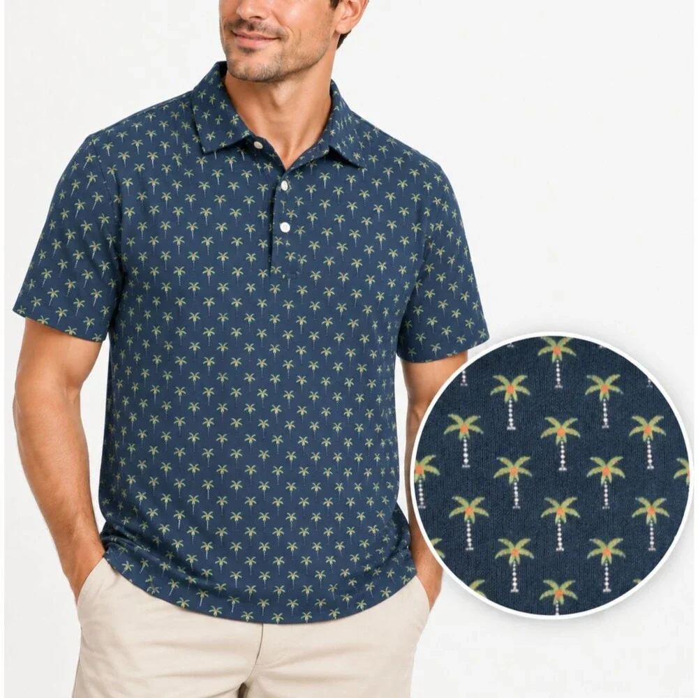 J.Crew Performance Men's Blue Lime Green Palm Tree Print Polo Shirt Medium